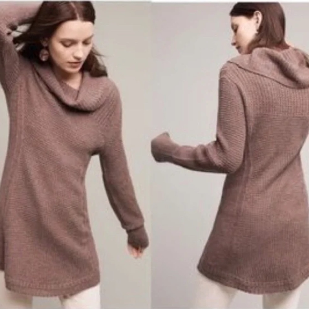Anthropologie Angel of the North Rosie Cowl Neck Sweater L Brown Tunic Waffle - Picture 11 of 11